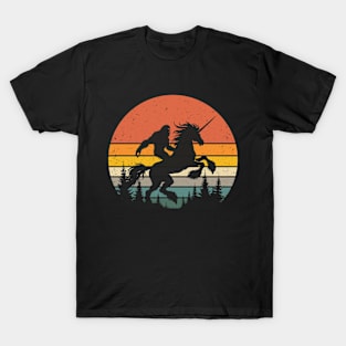 Bigfoot Riding Unicorn Horse Vintage Sunset Mythical Creatures T-Shirt